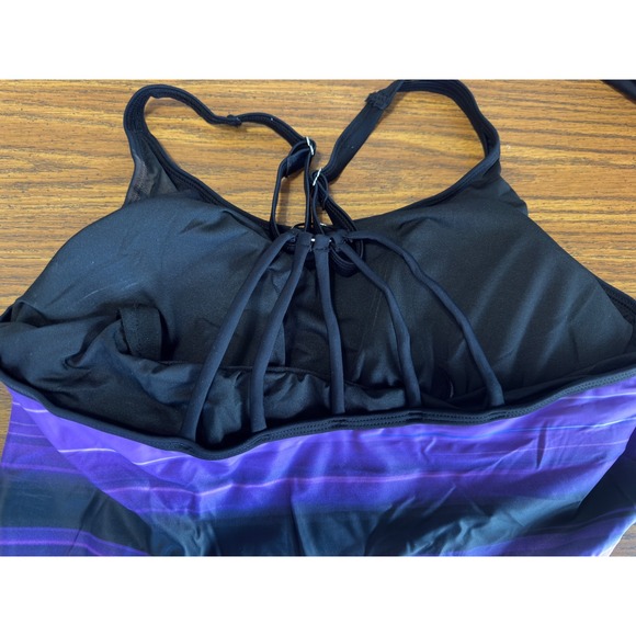 Womens Yonique Tankini Swimsuit Purple Black Striped 2 Piece Bathing Suit - Picture 4 of 11